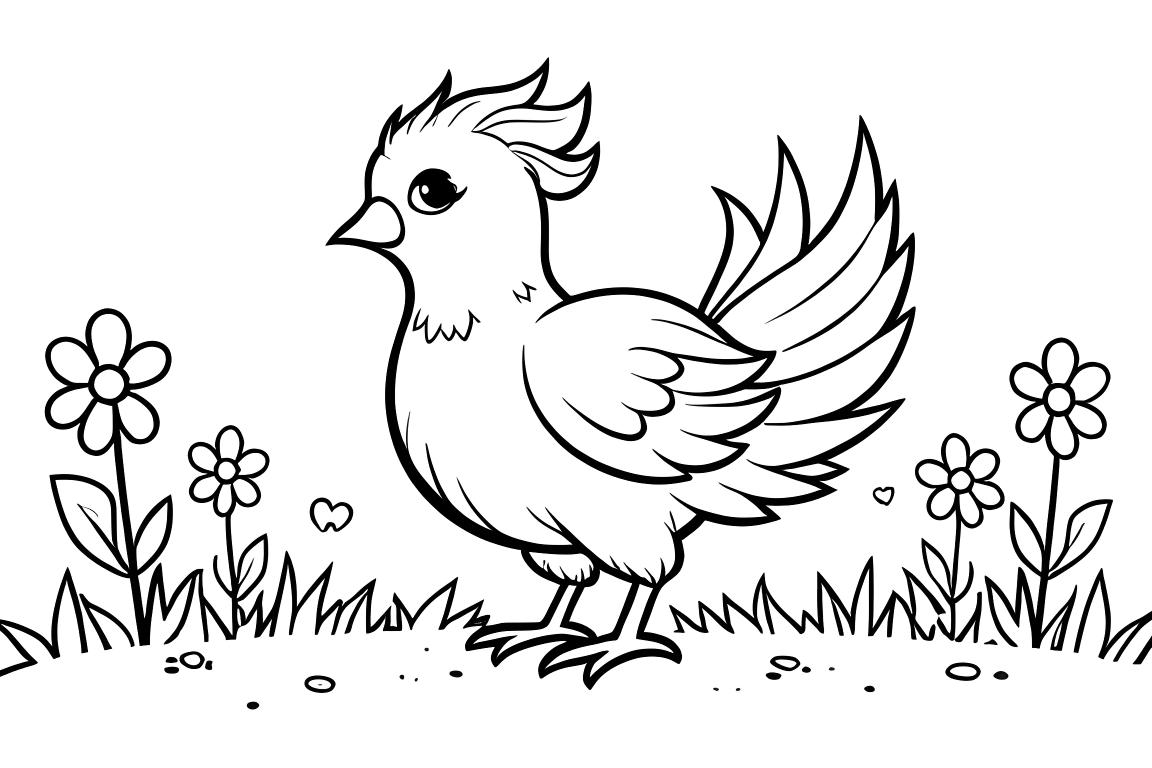 Ilustración simple para libro para colorear infantil de un fénix en un jardín de flores, perfecta para niños de 3 años