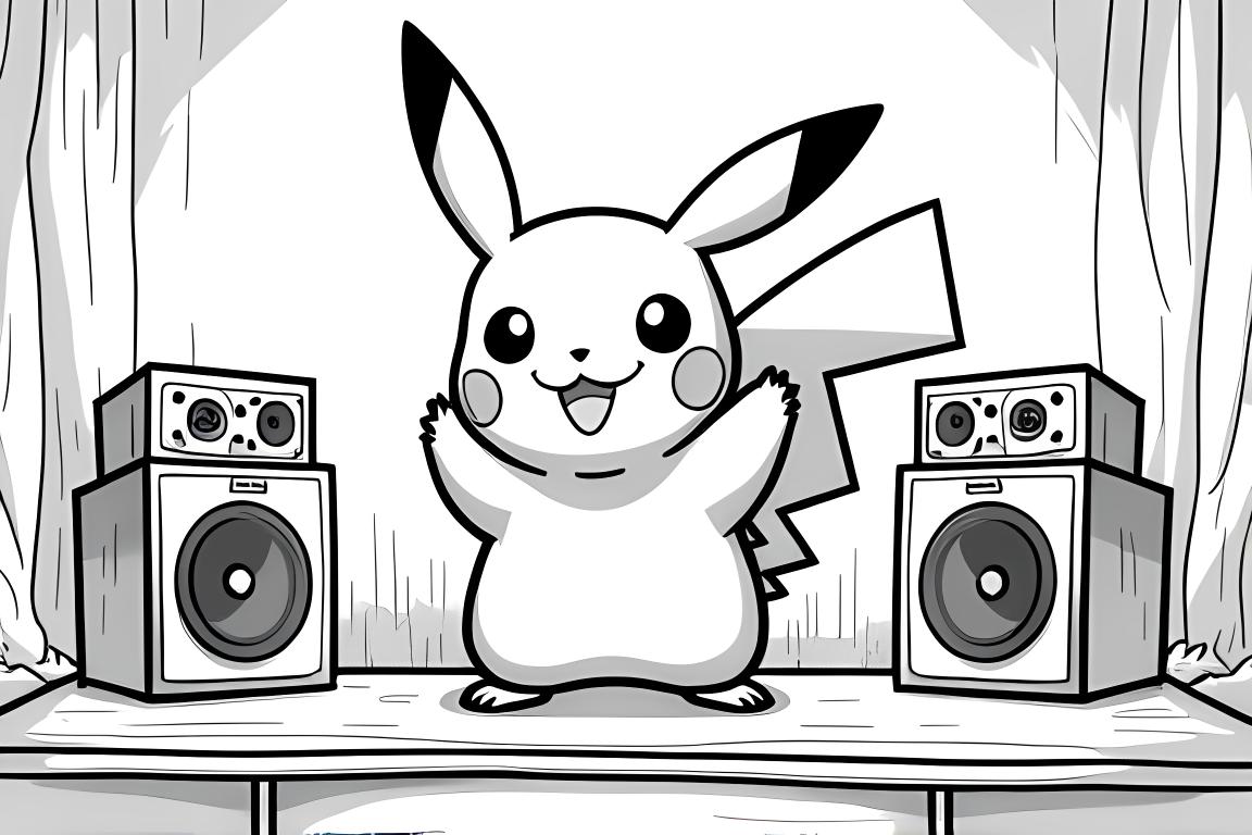 Detaljerad färgläggningssida av Pikachu som uppträder på scen