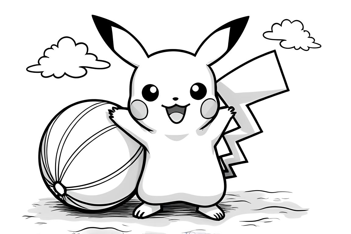 Página de libro de colorear fácil de Pikachu con pelota de playa para niños pequeños