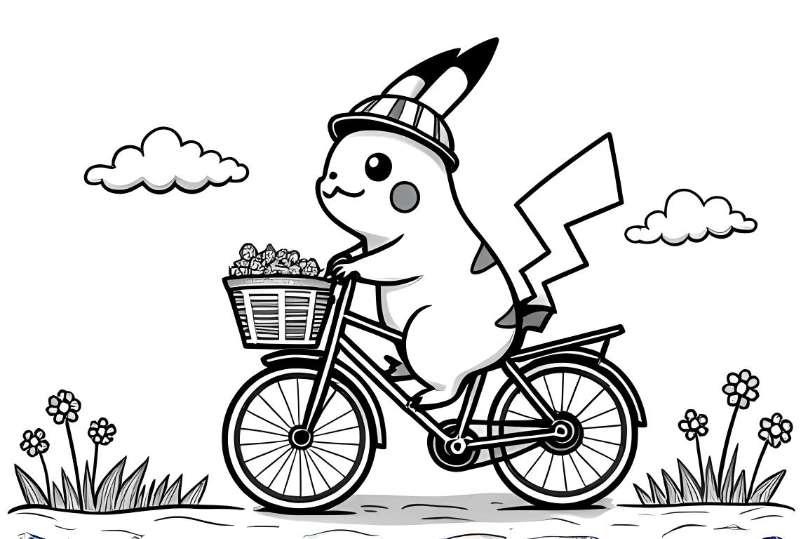Page de coloriage pour enfants montrant Pikachu à vélo
