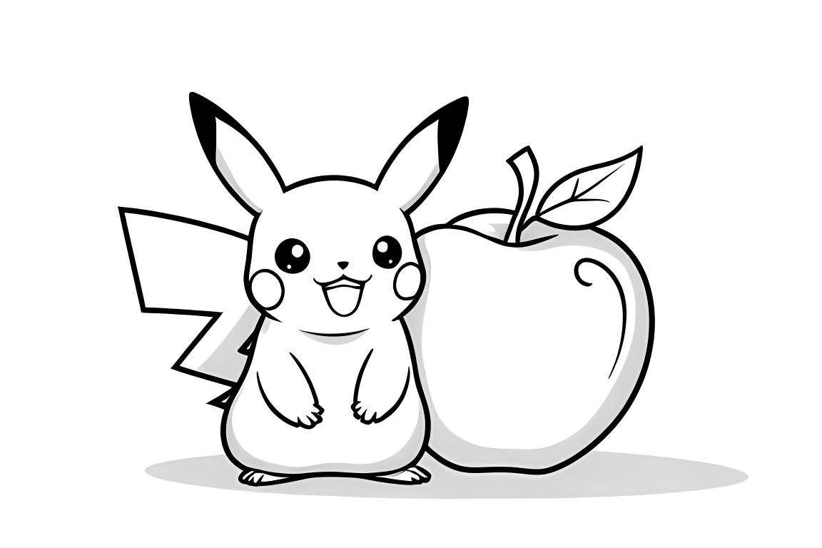 Página de colorir fácil para crianças pequenas apresentando Pikachu com uma grande maçã, perfeita para iniciantes