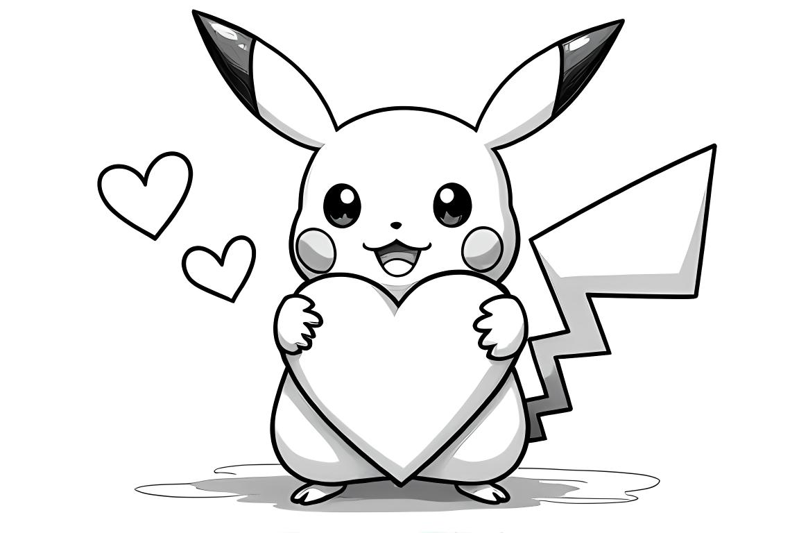 Página de colorir infantil simples do Pikachu com corações para crianças pequenas