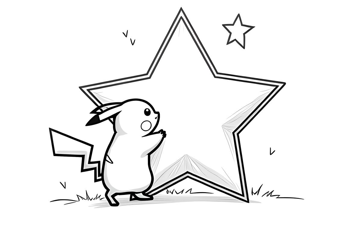 Página de livro de colorir fácil do Pikachu com estrelas para crianças pequenas