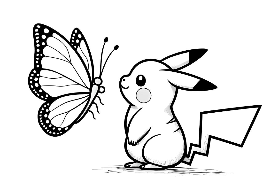 Página de colorir simples do Pikachu com borboleta para crianças pequenas