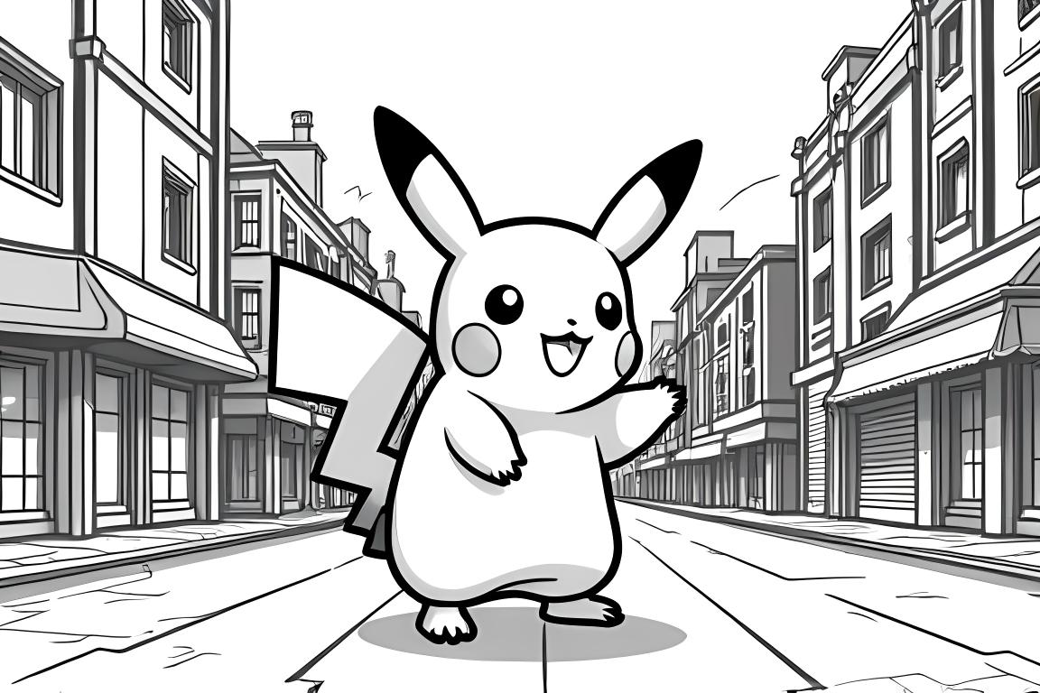 Detaljerad färgläggningssida av Pikachu som utforskar stadens gator