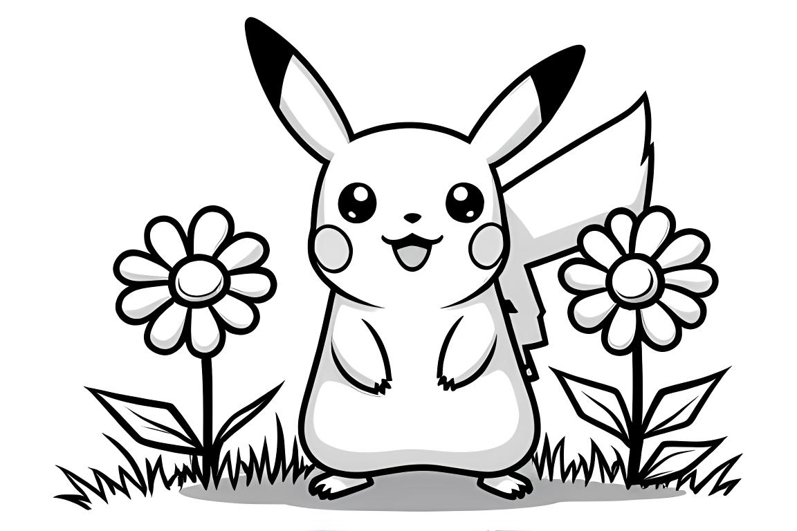 Página simples de livro de colorir com Pikachu e flores básicas para crianças pequenas
