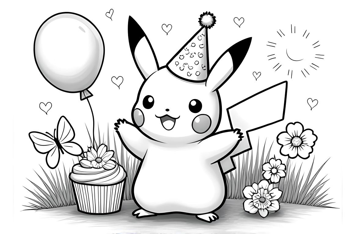 Illustration de coloriage pour enfants de Pikachu ayant une fête dans le jardin