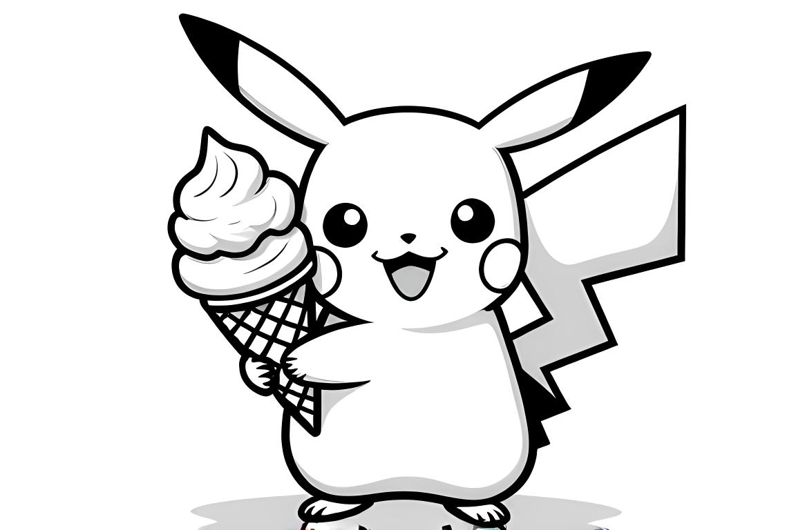 Página de colorir simples do Pikachu com cone de sorvete para crianças pequenas