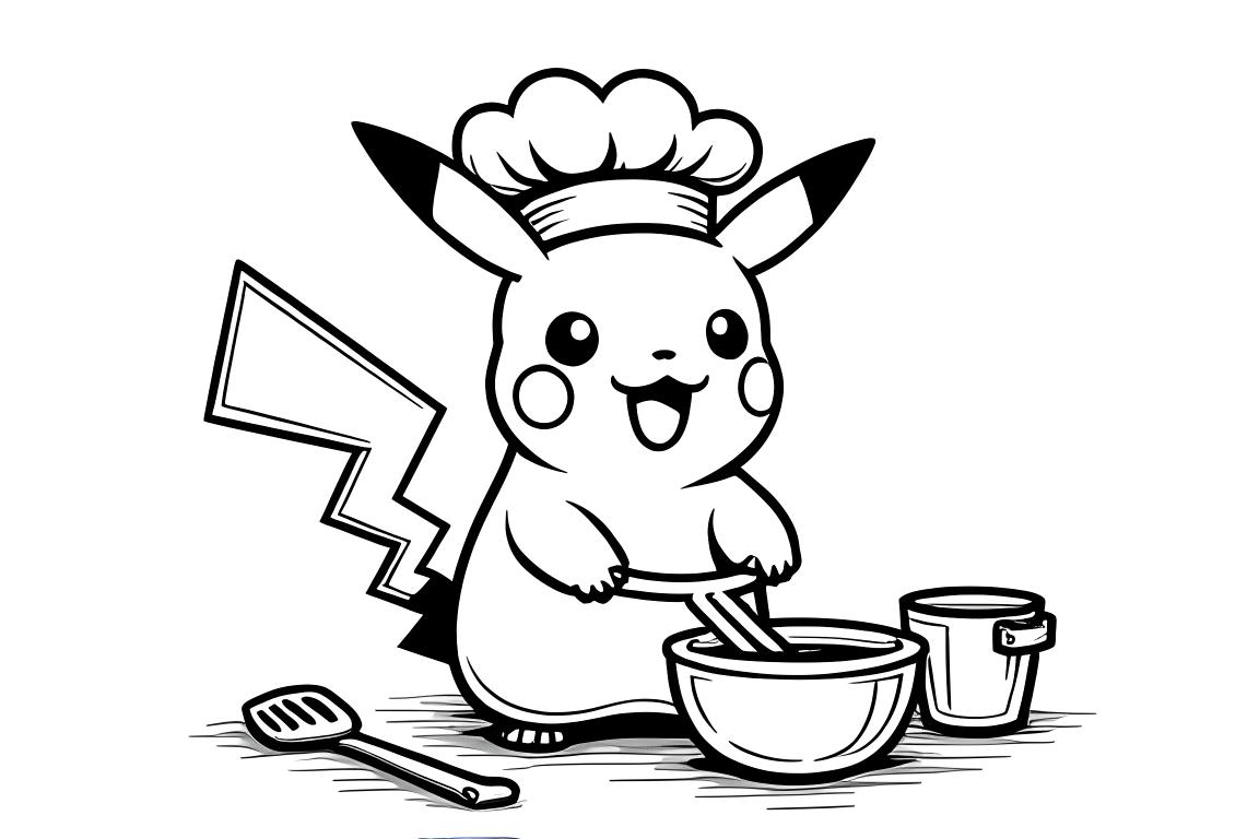 Page de coloriage de Pikachu cuisinant dans la cuisine