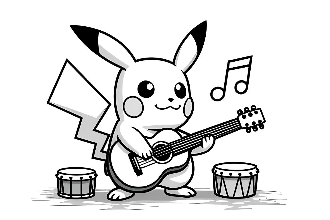 Illustration de coloriage pour enfants de Pikachu jouant des instruments de musique