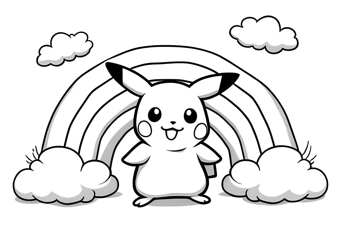 Página de livro de colorir fácil do Pikachu com arco-íris para crianças pequenas