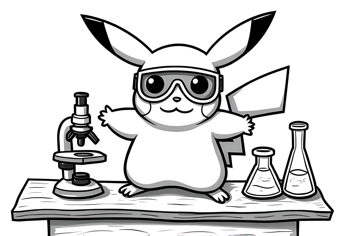 Barnens färgläggningsillustration av Pikachu i ett vetenskapslaboratorium