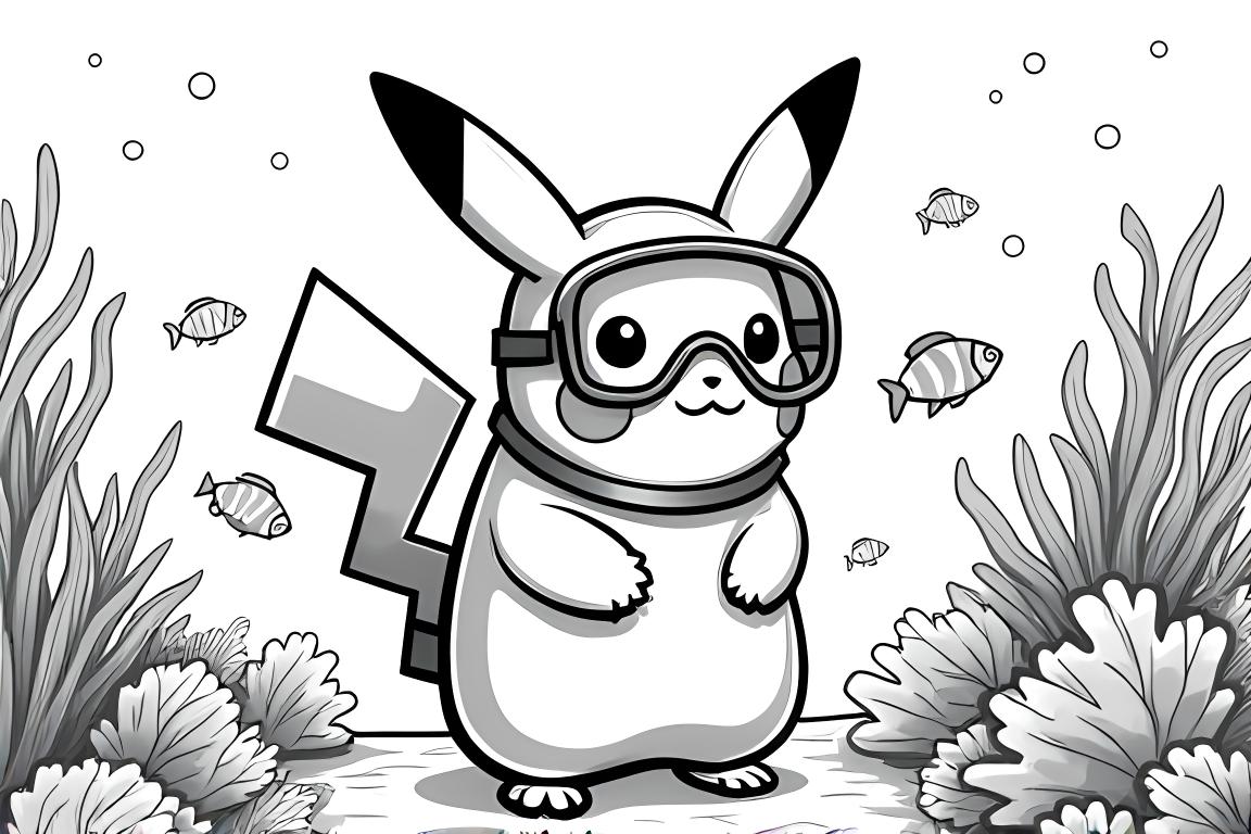 Avancerad färgläggningsillustration av Pikachu som dyker under vatten