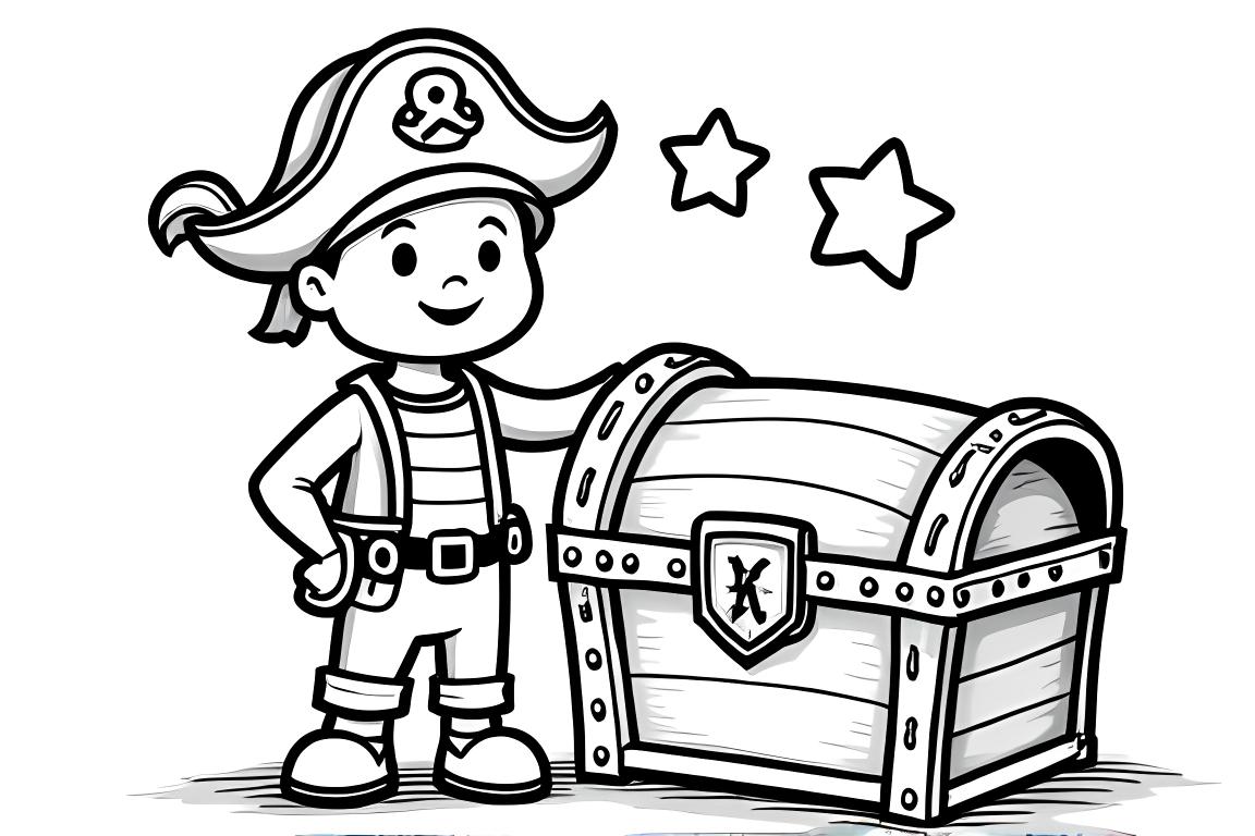Pagina semplice da colorare per bambini con un pirata felice e un design di cofanetto per i bambini piccoli