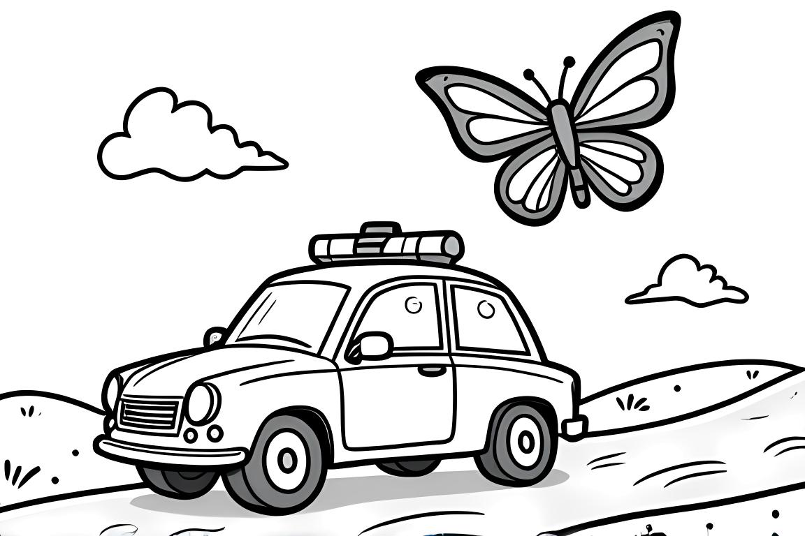 Illustration simple d'un livre de coloriage pour enfants d'une voiture de police et d'un papillon avec des nuages, conçue pour les tout-petits