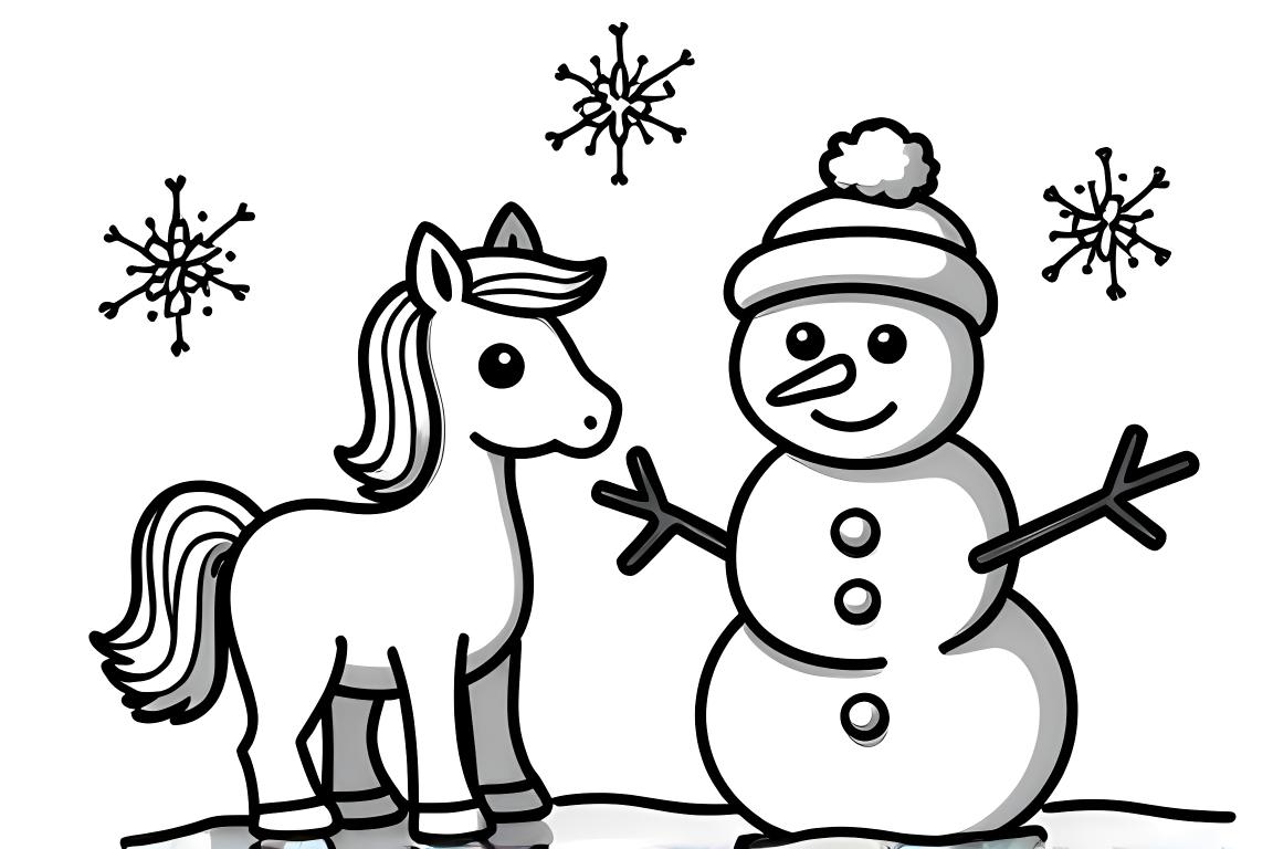 Pagina da colorare per bambini semplice con un felice pony accanto a un pupazzo di neve, ideale per i bambini piccoli