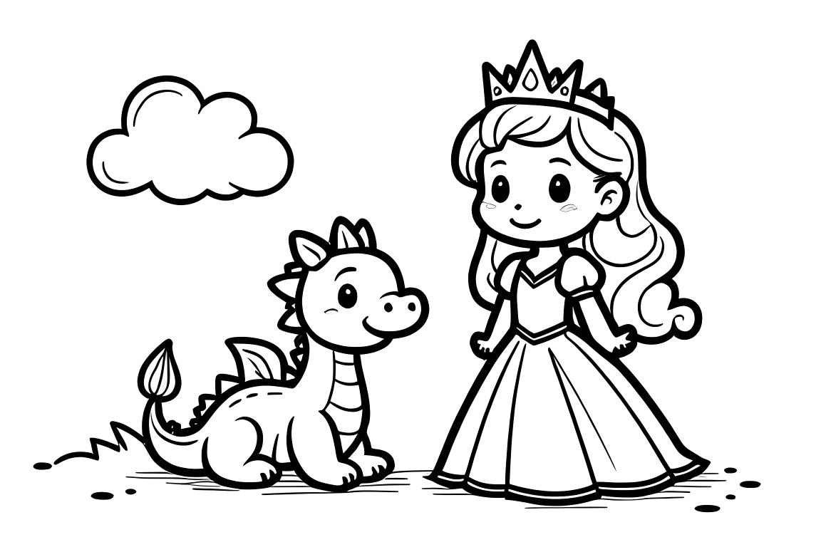 Semplice illustrazione di libro da colorare per bambini di una principessa amichevole con un carino drago bambino