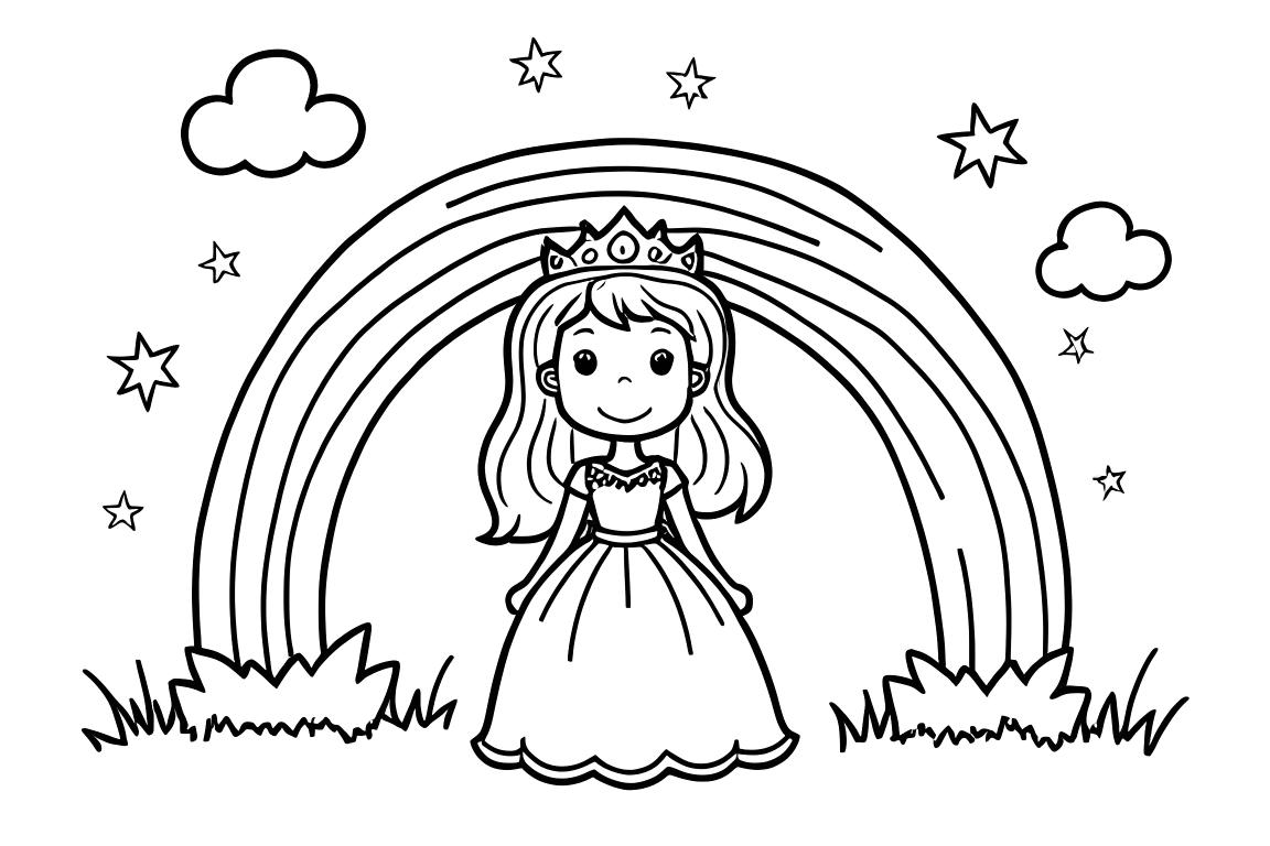 Page de coloriage simple pour enfants d'une princesse debout sous un arc-en-ciel avec des nuages et des étoiles