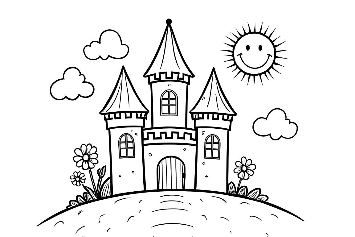 Enkel illustration för barns målarbok av ett sagoslott med en leende sol, designad för 3-åringar