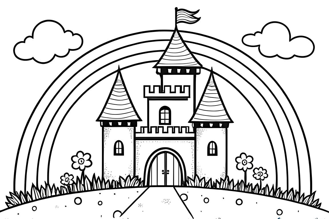 Barns målarbok illustration av ett prinsesslott under en regnbåge för 3-åringar