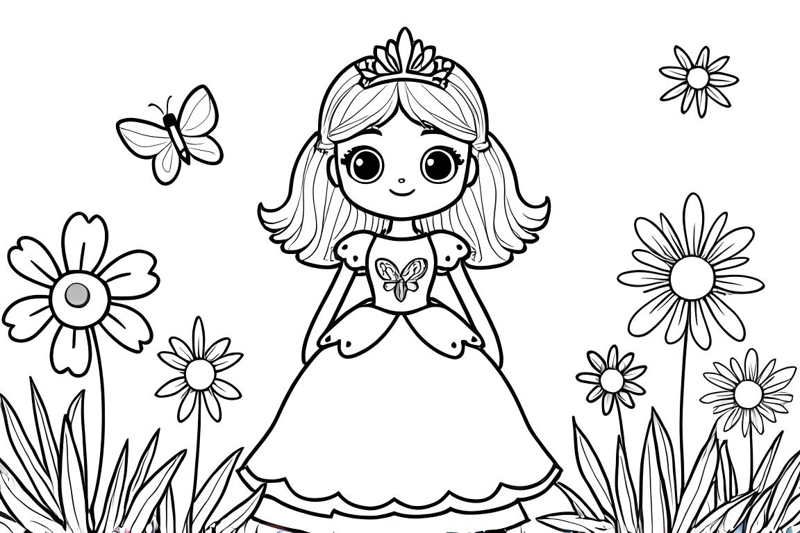 Page de coloriage simple montrant une princesse heureuse dans un jardin avec des fleurs et des papillons