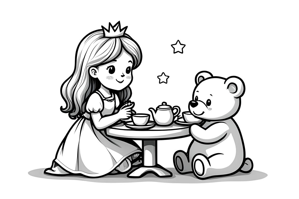 Página de colorir simples de uma princesa fazendo uma festa do chá com seu ursinho de pelúcia