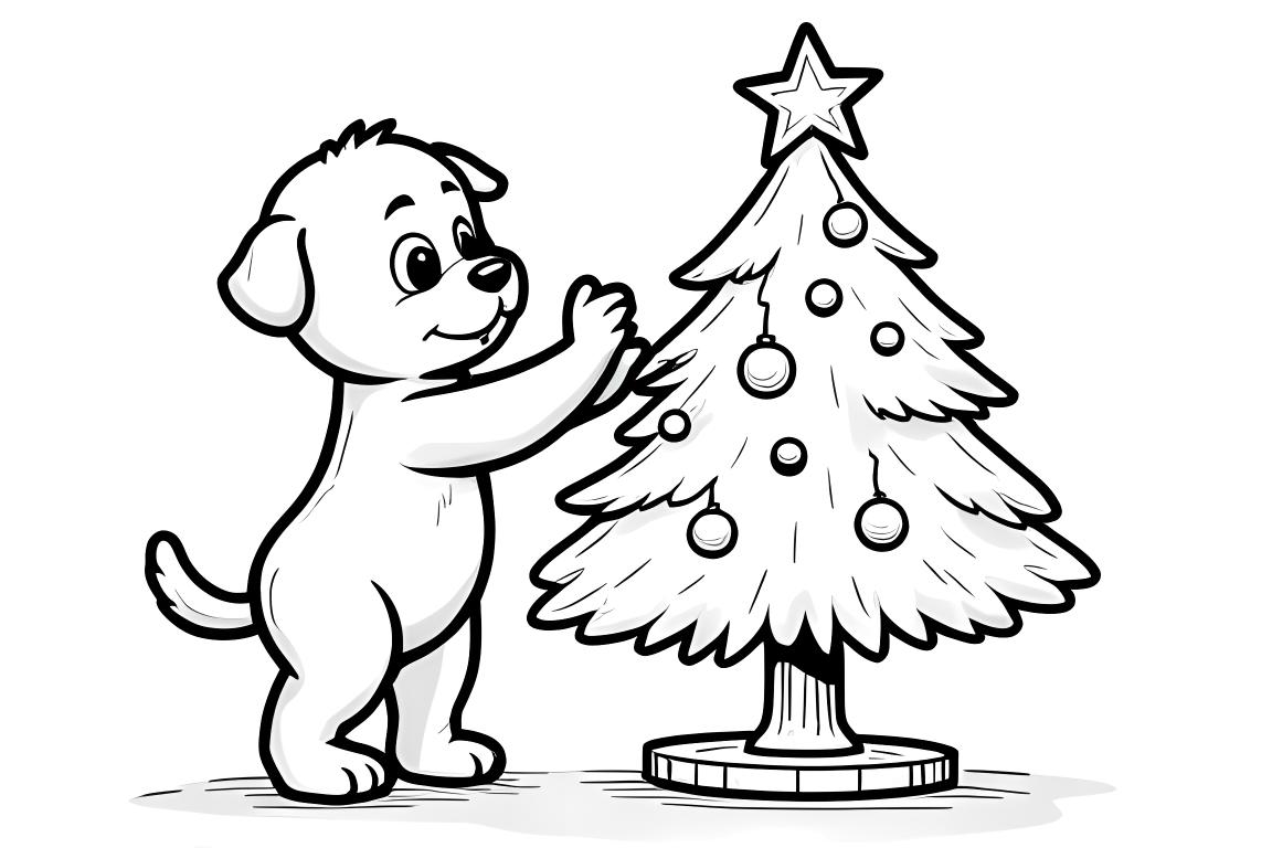Página de libro de colorear infantil de un cachorro decorando un árbol de Navidad con adornos