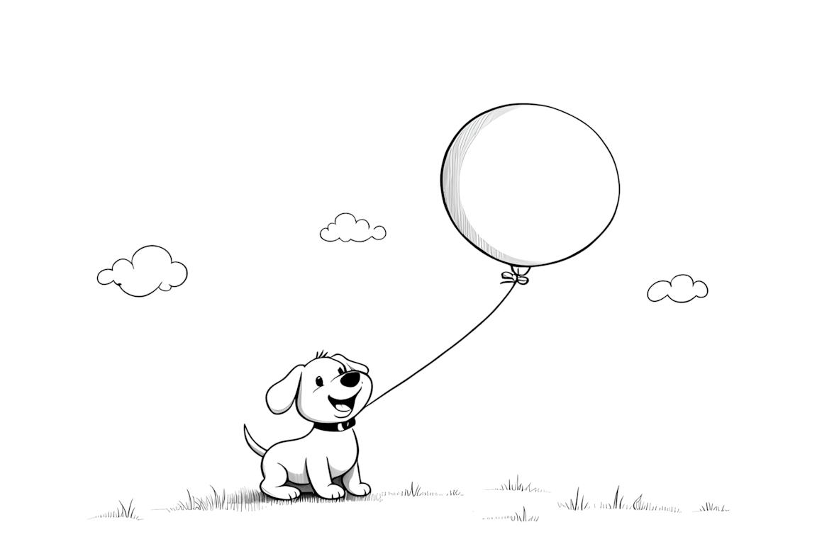 Prosta ilustracja do kolorowania szczeniaka trzymającego balon, idealna dla maluchów