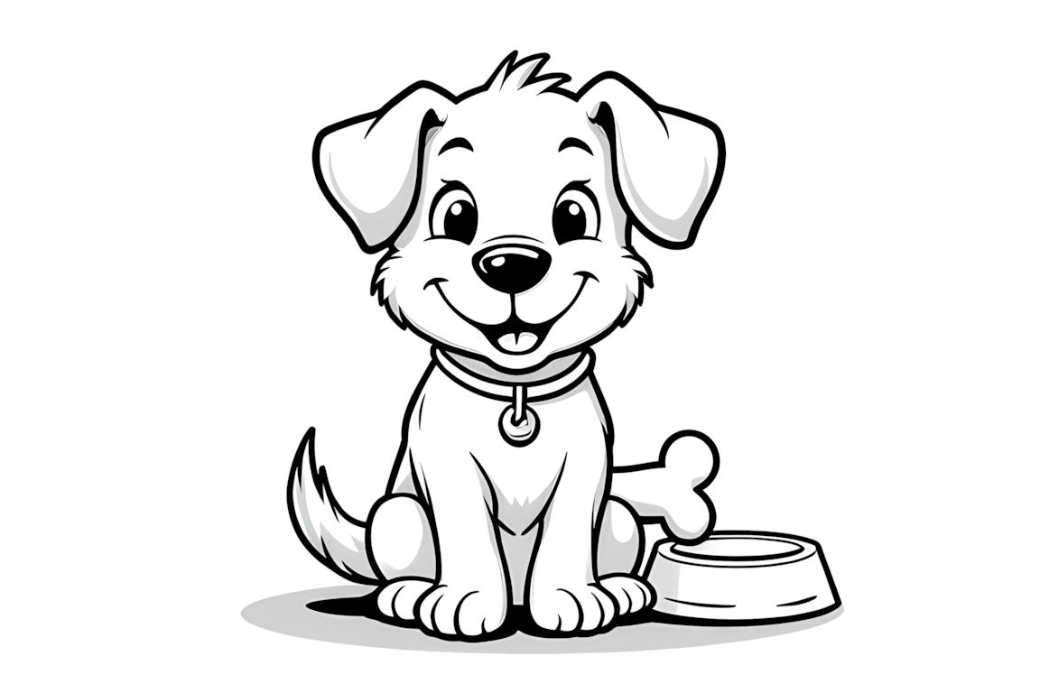 Illustration de livre de coloriage simple d'un chiot heureux avec un gros os, parfaite pour les tout-petits