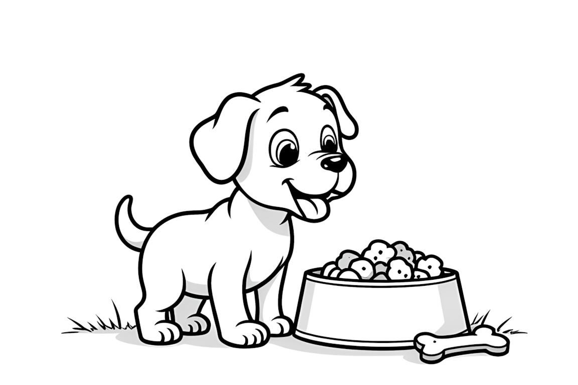 Ilustración simple de un libro de colorear de un cachorro con un gran tazón de comida, perfecto para los más pequeños
