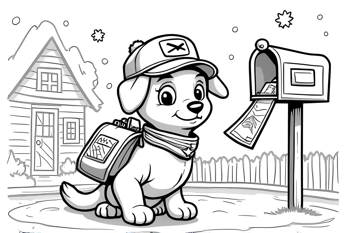 Ilustración detallada para colorear de un cachorro entregando correo y paquetes navideños