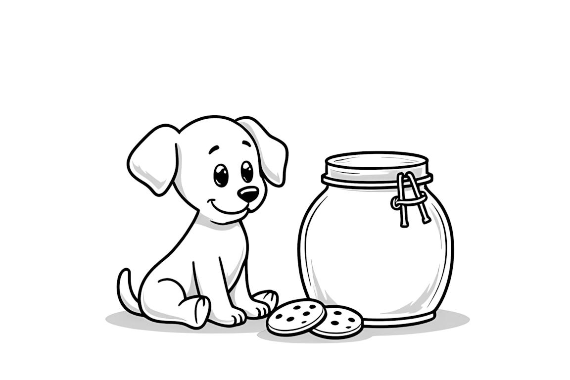 Página simple de un libro de colorear de un lindo cachorro al lado de un tarro de galletas, diseñado para los más pequeños