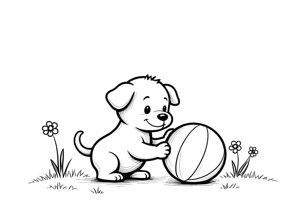 Illustrazione semplice di un cucciolo felice che gioca con una palla, perfetta per i bambini piccoli