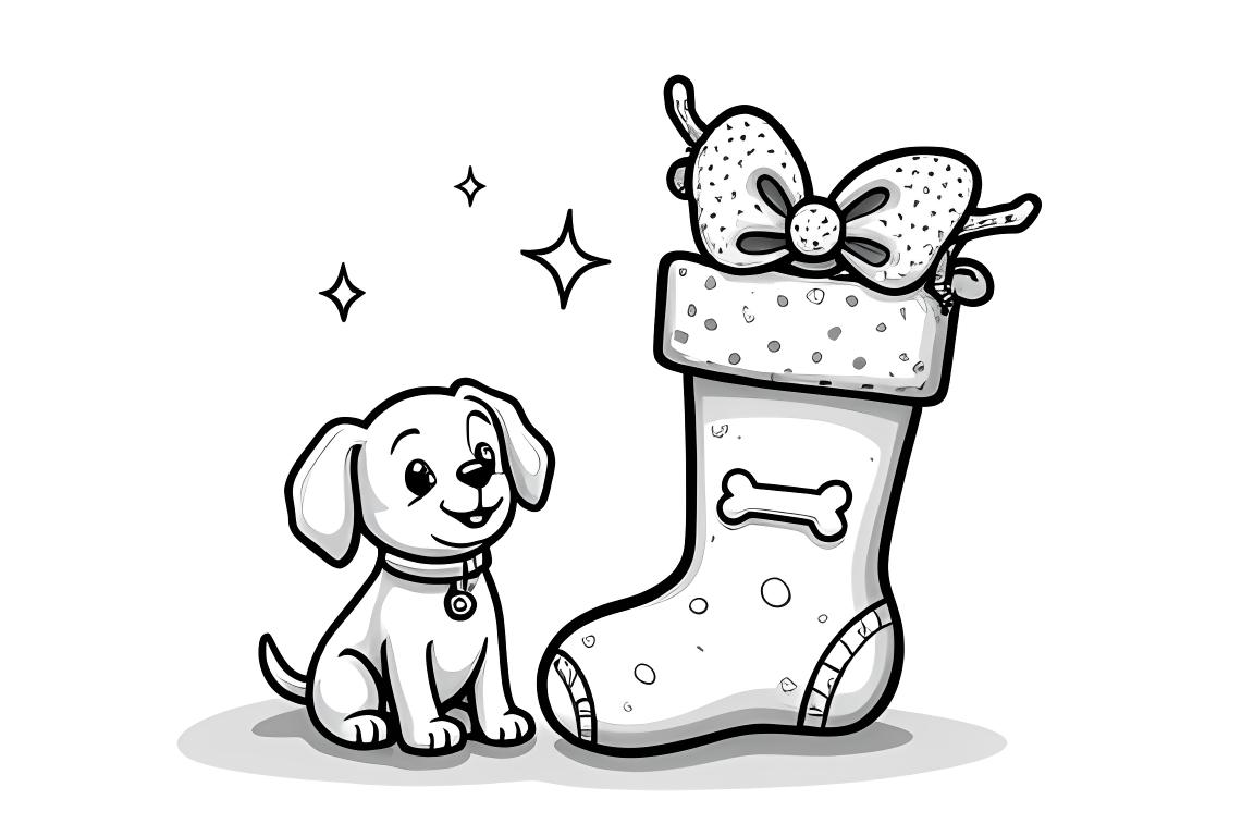 Página de colorear infantil simple de un lindo cachorro con un calcetín navideño, perfecta para niños pequeños