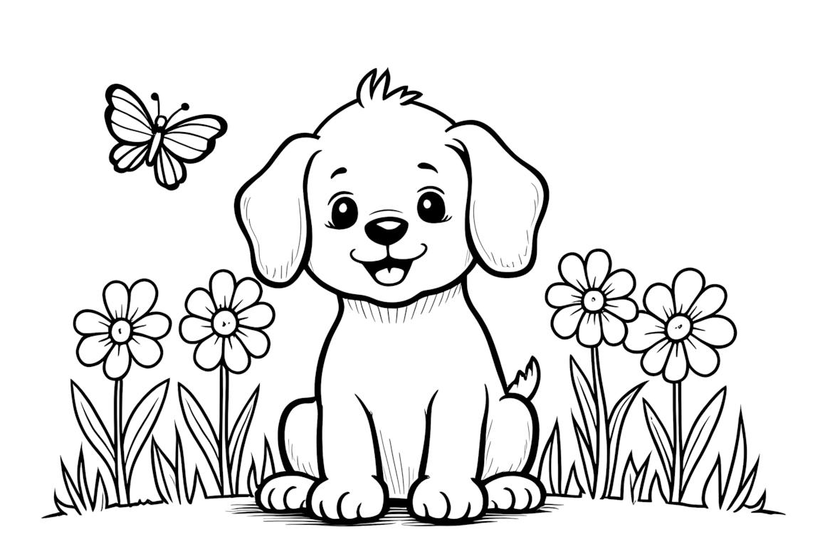 Ilustração simples de livro de colorir de um cachorro em um jardim com flores básicas, perfeita para crianças pequenas