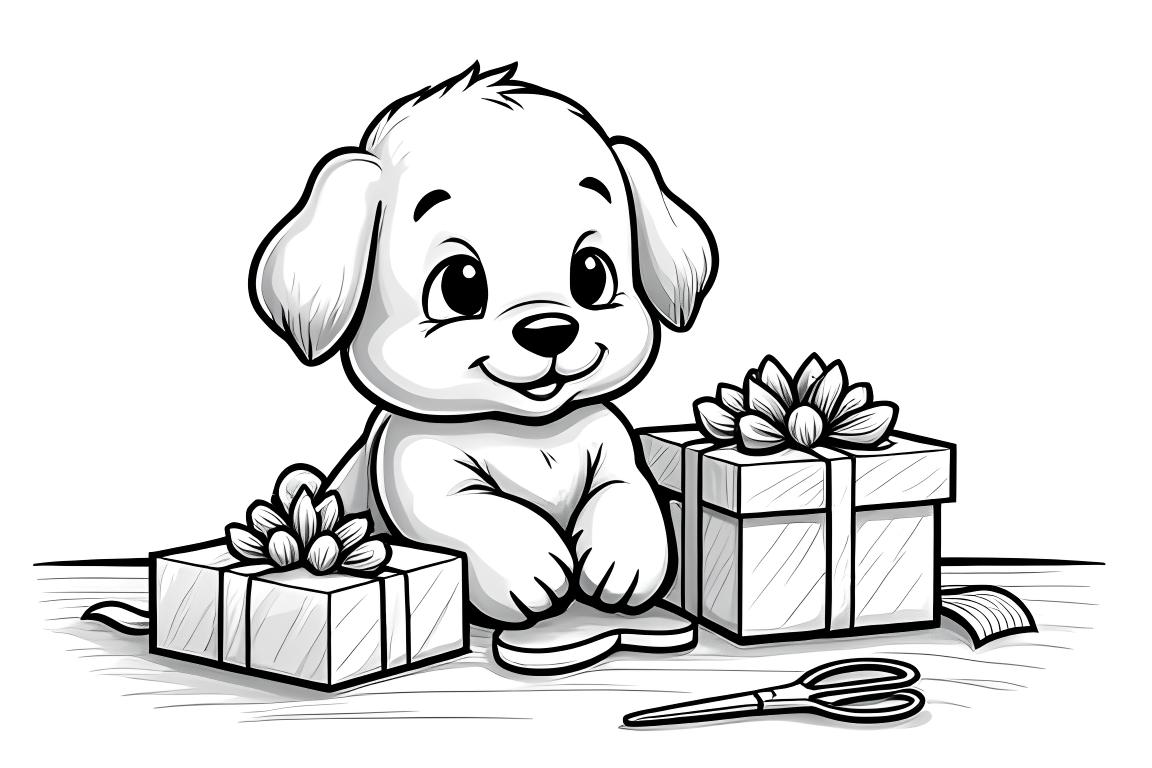 Página de colorear de un cachorro envolviendo regalos de Navidad en una mesa de trabajo