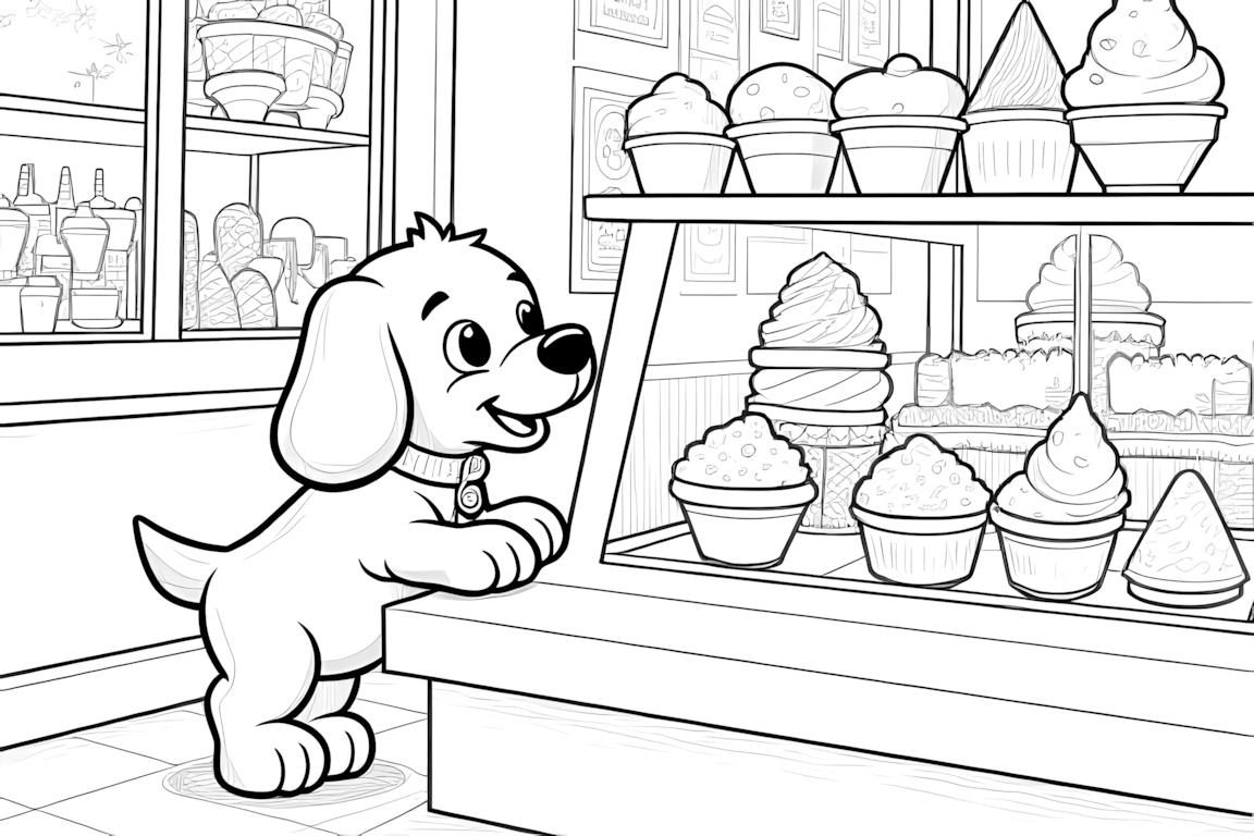 Illustration de livre de coloriage d'un chiot heureux au comptoir d'un magasin de glace