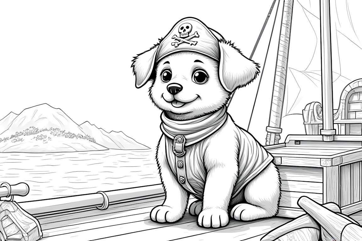 Ilustración detallada de un libro de colorear de un perrito pirata en un barco con elementos de búsqueda de tesoros