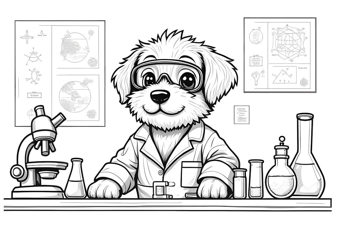 Szczegółowa ilustracja do kolorowania przedstawiająca szczeniaka naukowca przeprowadzającego eksperymenty w laboratorium