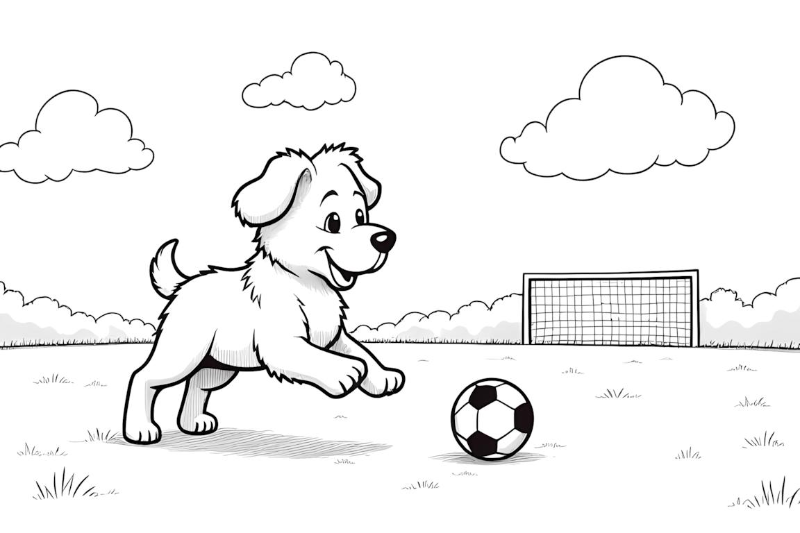 Illustrazione da libro da colorare di un cucciolo sportivo che gioca a calcio con un pallone e porte da calcio