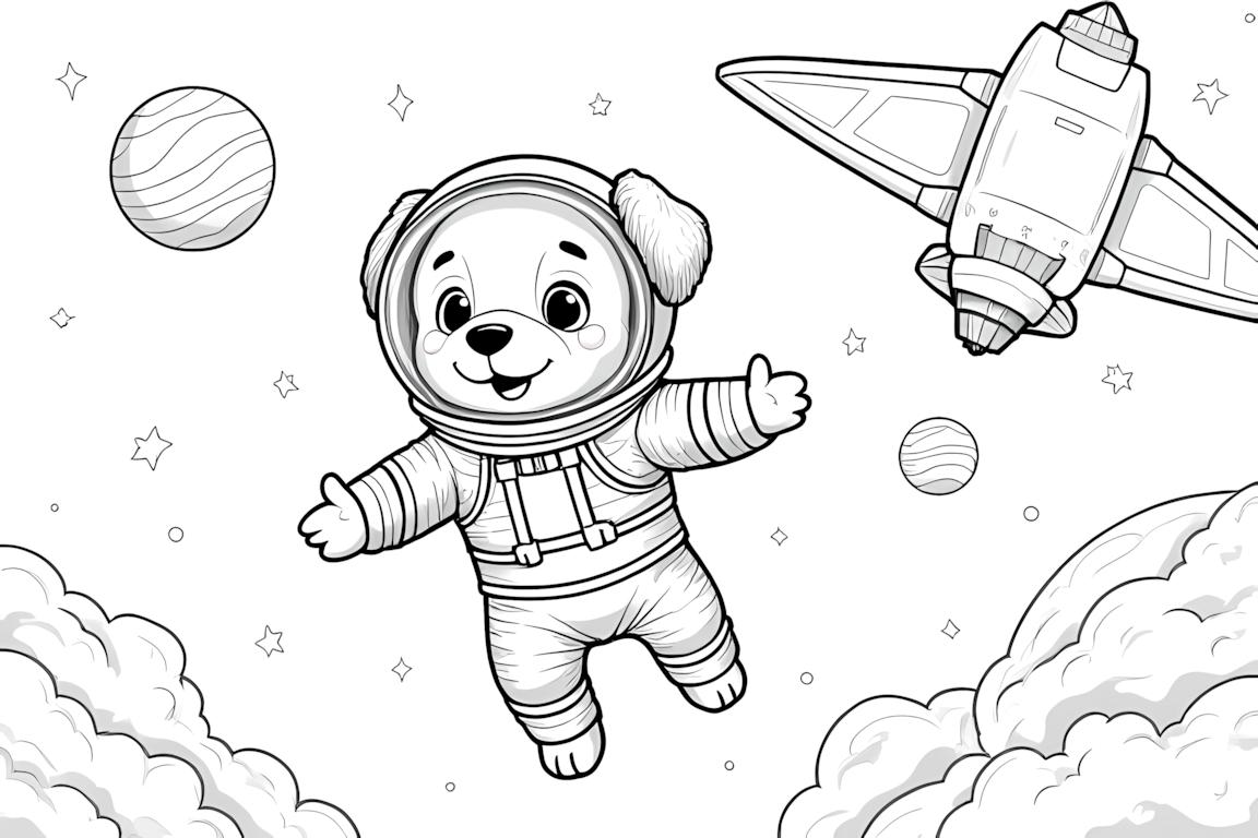 Illustration détaillée de livre de coloriage d'un chiot astronaute flottant dans l'espace près d'un vaisseau spatial