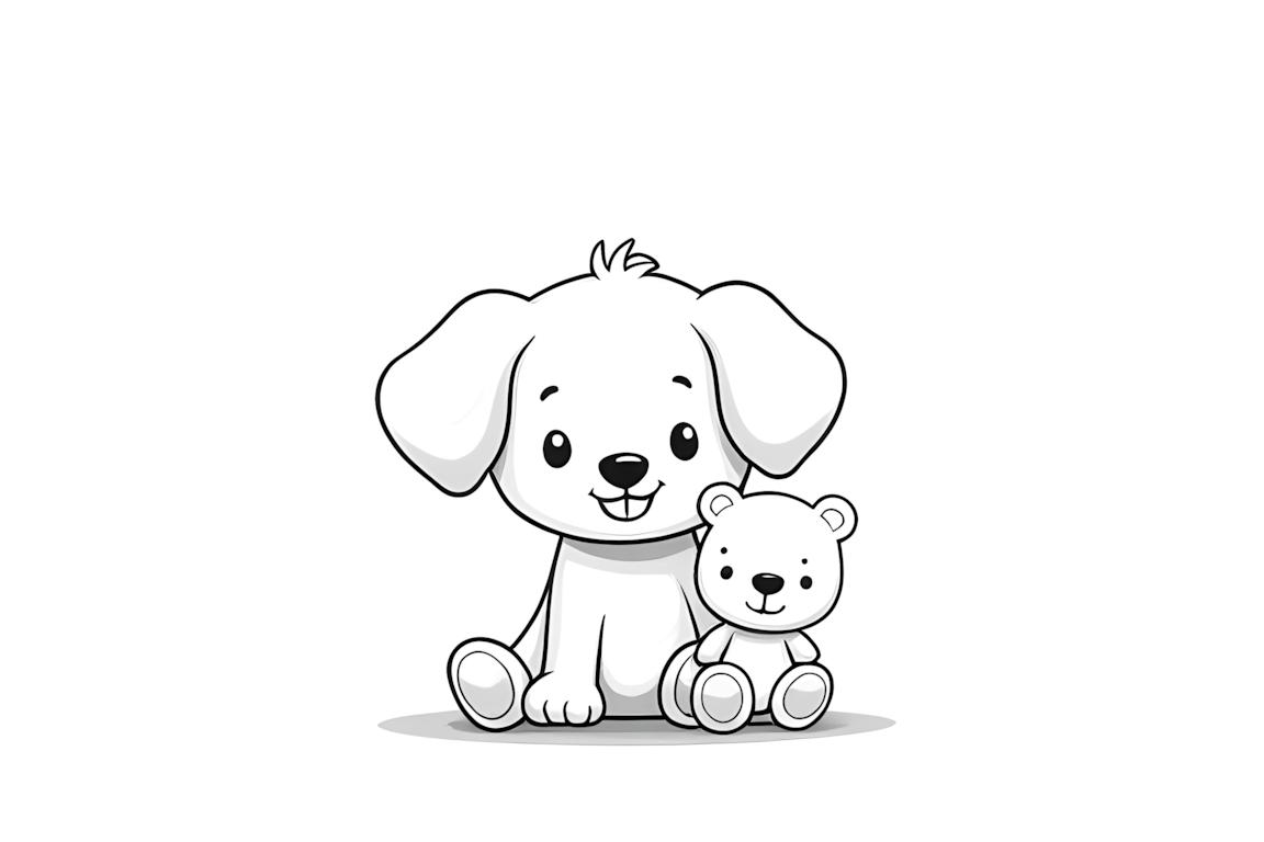 Página simples de livro de colorir apresentando um cachorrinho fofo abraçando um ursinho de pelúcia, projetada para crianças pequenas