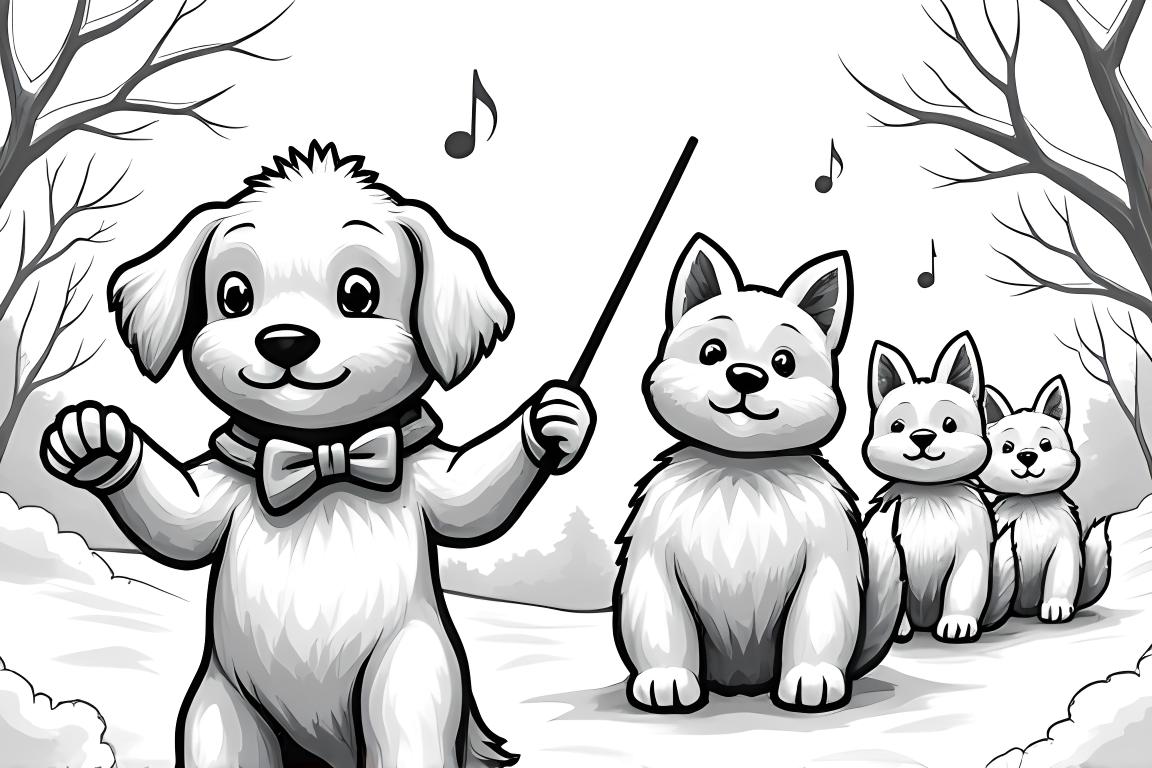Ilustración detallada para colorear de un cachorro dirigiendo una orquesta de animales invernales
