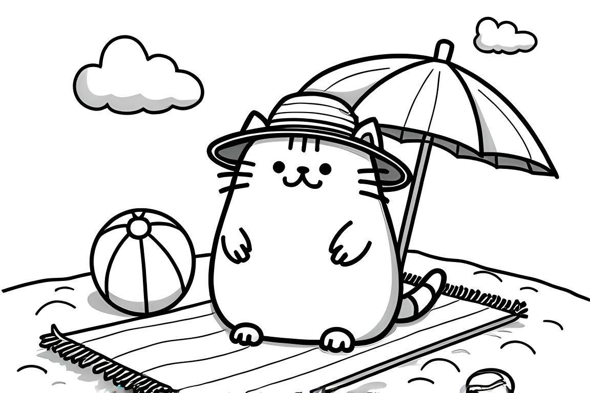 Une page de coloriage simple pour enfants de Pusheen le chat à la plage, conçue pour les tout-petits
