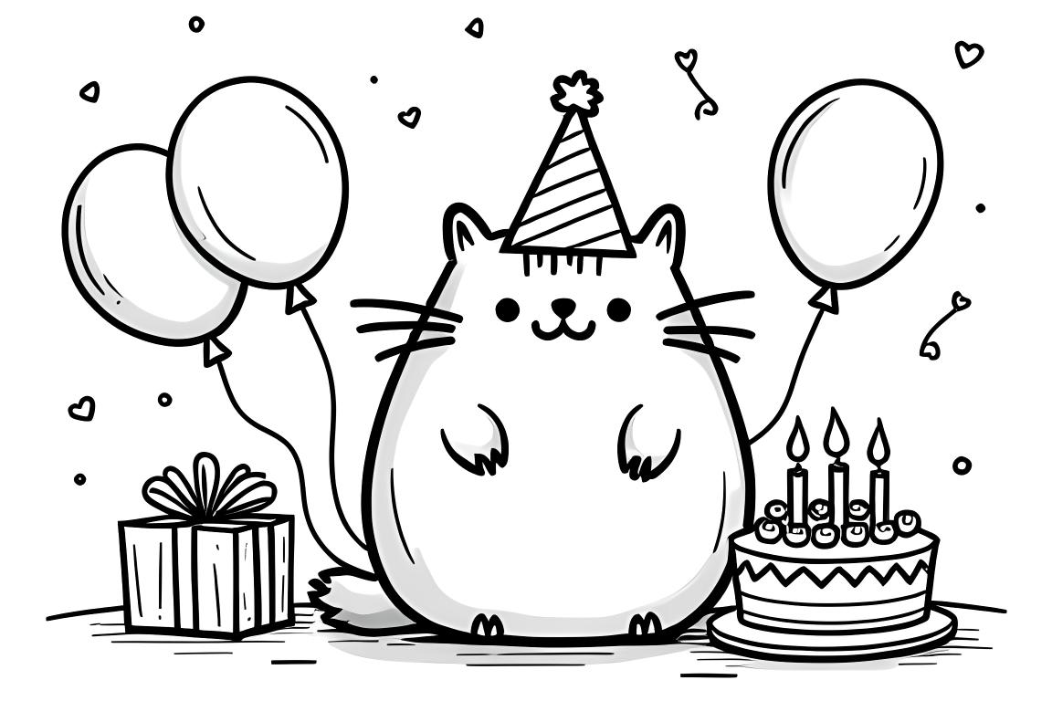 Page de livre de coloriage pour enfants de Pusheen le chat célébrant un anniversaire avec des ballons et des cadeaux