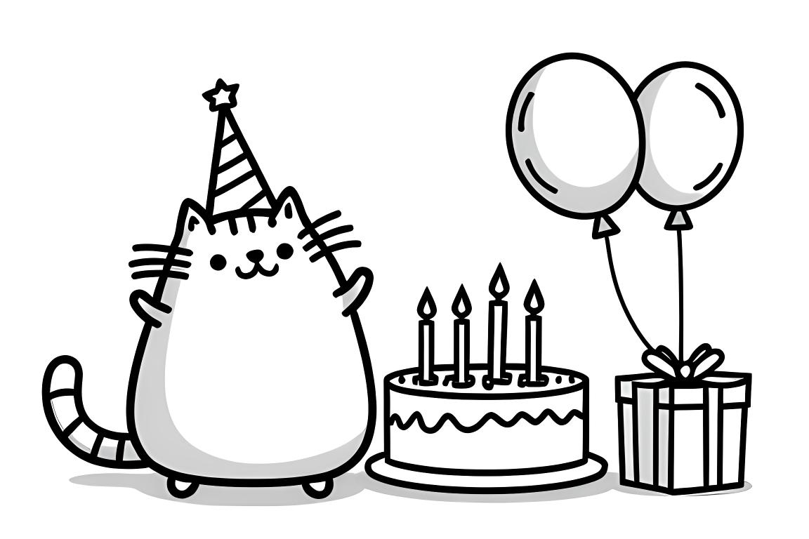 Une page de coloriage simple pour enfants de Pusheen le chat à la fête d'anniversaire avec un gâteau, idéale pour les tout-petits
