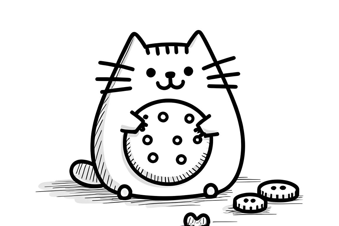 Pagina da colorare semplice per bambini di Pusheen che mangia un biscotto, progettata per i più piccoli