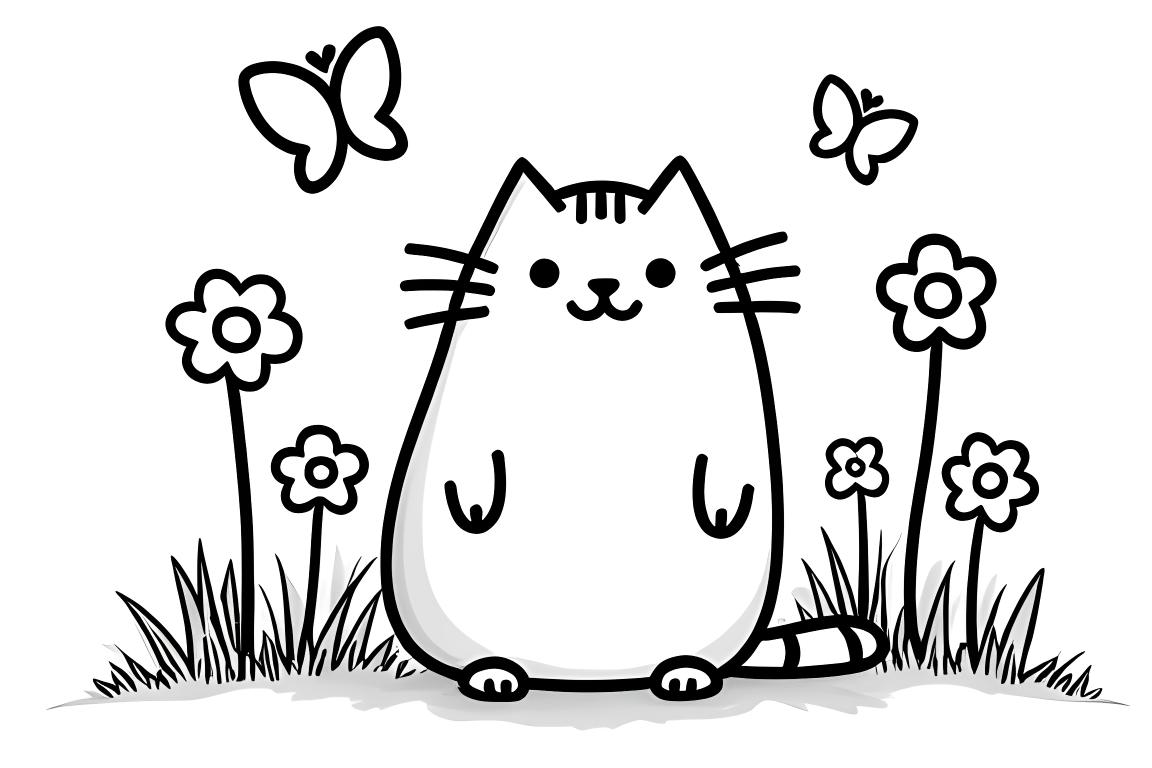 Feuille de coloriage simple pour enfants de Pusheen le chat dans un jardin de fleurs, parfaite pour les jeunes enfants