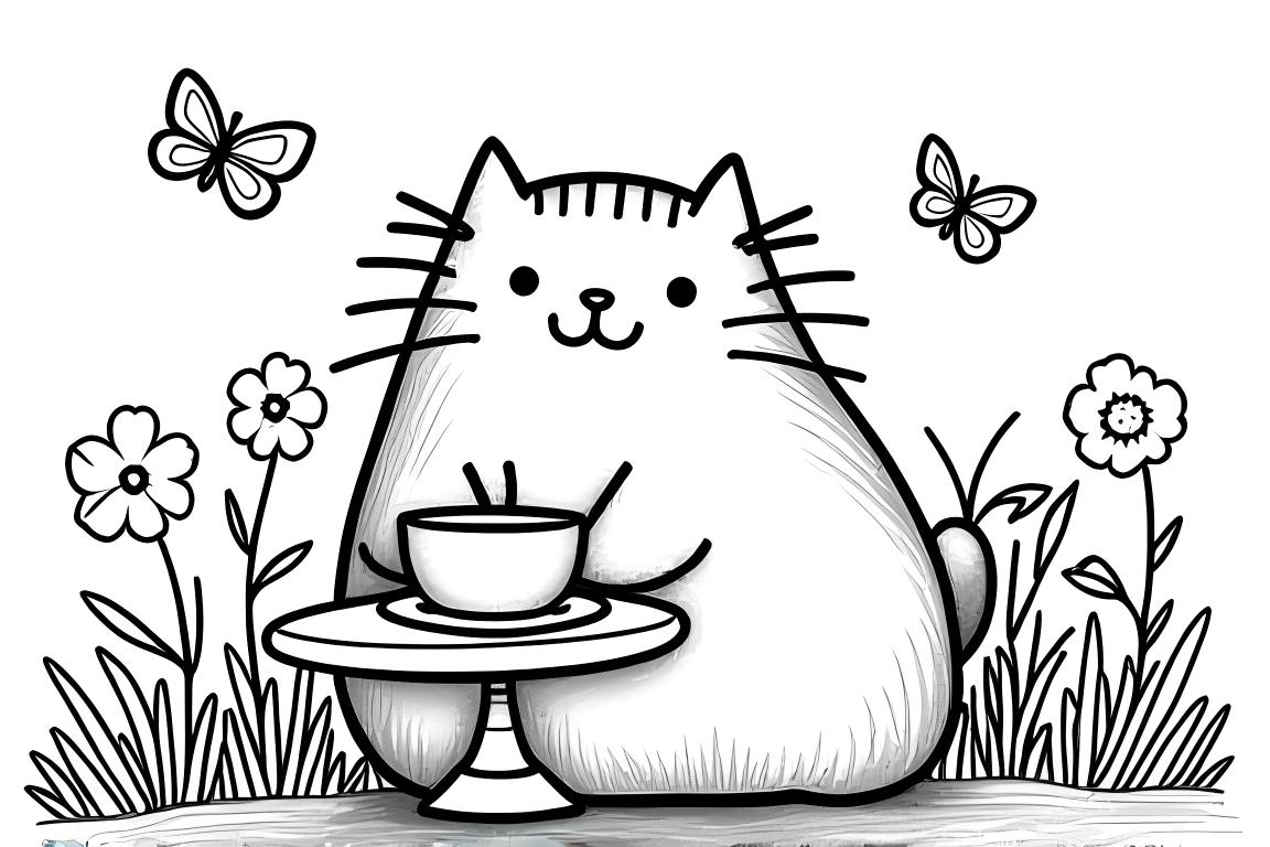 Page à colorier pour enfants de Pusheen le chat ayant un goûter de jardin avec des papillons