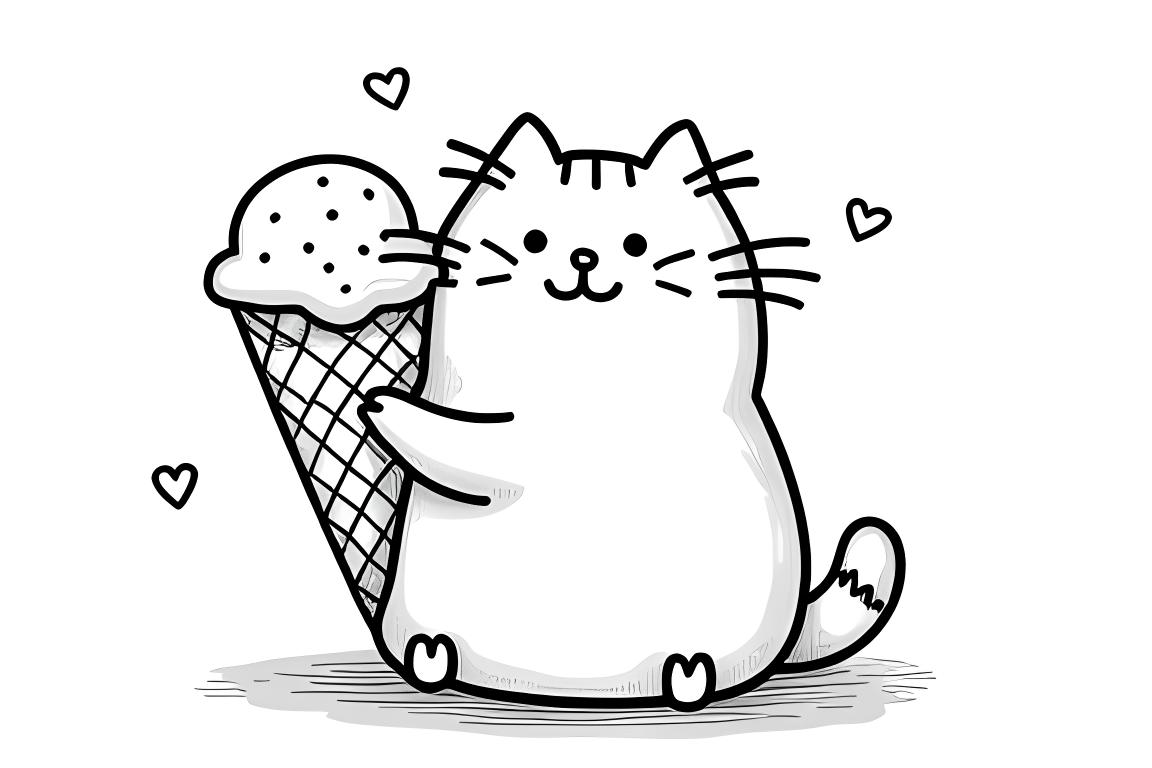 Página de libro de colorear infantil simple de la gata Pusheen con un cucurucho de helado, perfecta para los niños pequeños